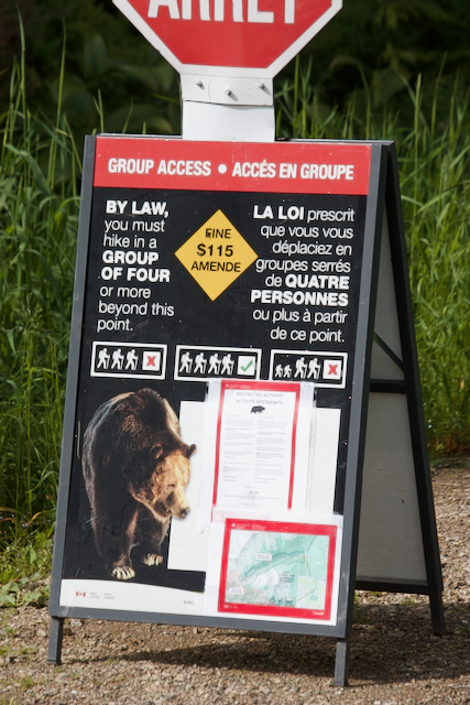 Sign warning that hikers must be in groups of four or more because of bear activity